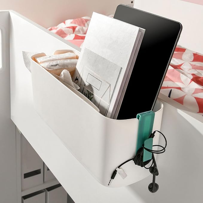 DOITOOL Bedside for Dorm, Plastic Hanging Organizer with Side Hooks, Bedside Shelf for Phone Glasses Bottle Office Supplies in Dorm Room RV, Bunk and Rails