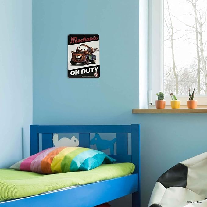 Disney Pixar Cars Tow Mater Mechanic On Duty Embossed Metal Sign - Vintage Tow Mater Sign for Bedroom or Garage