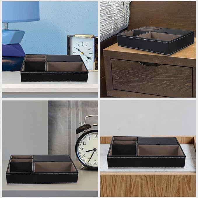 Faux Leather Nightstand Jewelry Box 10.23X7.20X2.04In Multi-Compartment Storage Organizer for Watches Phone Wallet Keys with Retro Style for Bedroom and Office