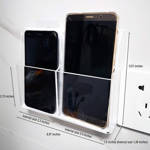 Acrylic Cell Phone Storage Holder Wall Mount TV Remote Control Media Storage Box Organizer (White Back, 2 Solts)