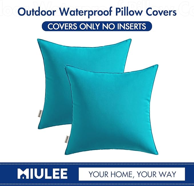 MIULEE Pack of 2 Decorative Outdoor Waterproof Pillow Covers Square Garden Cushion Sham Throw Pillowcase Shell for Patio Tent Couch 18x18 Inch Turquoise