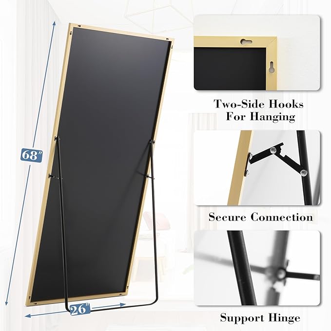 Mirror Full Length, Upgraded Body Wall Mirrors with Shatter-Proof Glass, Floor Standing, Hanging or Leaning, Tall Mirror with Stand Aluminum Alloy Frame for Bedroom