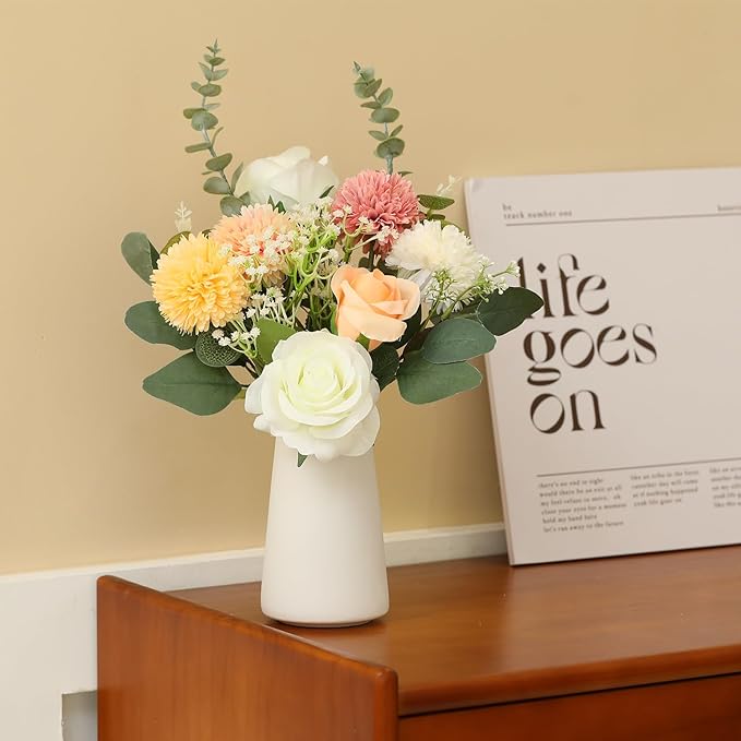 Fake Flowers in Ceramic Vase, Artificial Flowers Indoor with White Vase for Dining Table Décor, Faux Eucalyptus Flowers Arrangements for Bedroom Home Office Plants Floral Decor（Red Brown）