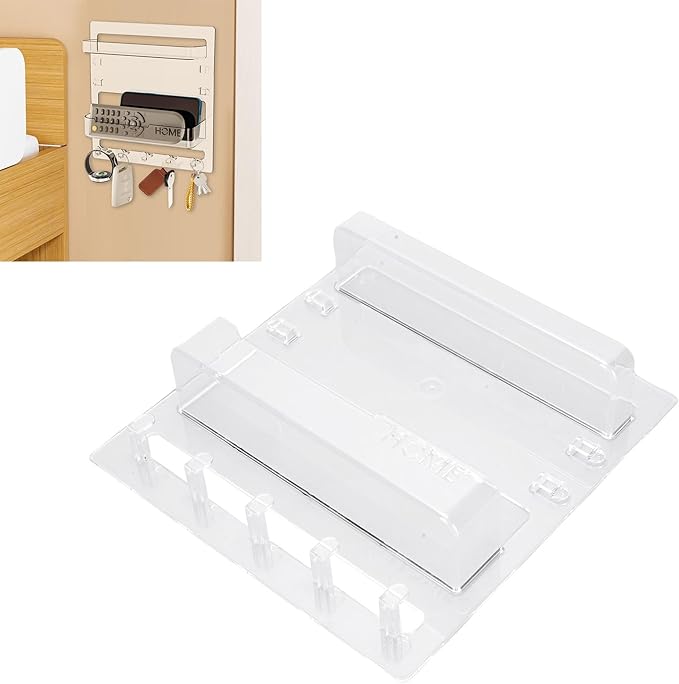 Ejoyous Bedside Shelf Wall Mount, Adhesive Phone Holder Organizer with Hooks and Cable Clips On Dorm Room, Wall Storage for Glasses Remote Earphone Cell Phone Charger Keys Snacks (Transparent)