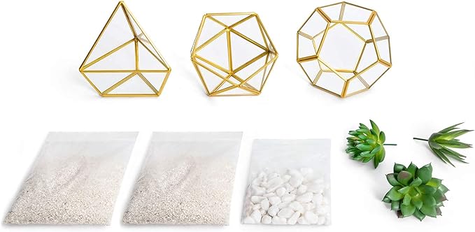 Mkono Artificial Succulent in 3 Pack Mini Glass Geometric Terrarium, Miniature Potted Faux Plant Bookshelf Desk Boho Office Room Decor for Women Girls Dorm Gift Idea, Gold