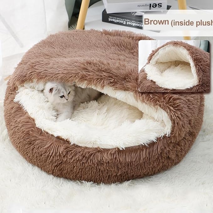 Cat Bed Round Fluffy Hooded Cat Bed Cave, Anti-Anxiety Cave Bed with Hooded Blanket, Cozy Cuddler Luxury Puppy Pet Bed, Anti-Slip Bottom and Machine Washable (Brown, Large)