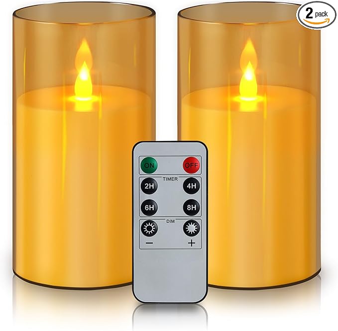 wemarry Flameless Candles Acrylic Glass Pillars 3" D x 6" H Battery Operated Flickering Candles Include 8-Key Remote with Timer Function 400+ Hours (Amber, Warm Light 2 Pack)