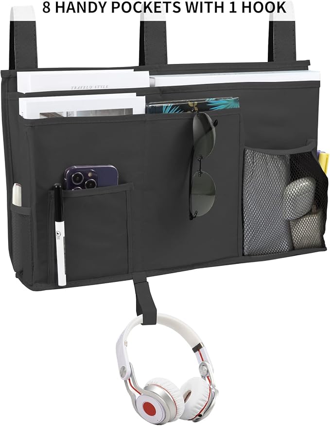 Joyfulife Bedside Caddy - Bunk Bed Organizer, Hanging Storage Bag with 8 Pockets for Dorm Rooms, Hospital Beds, Camping - Black