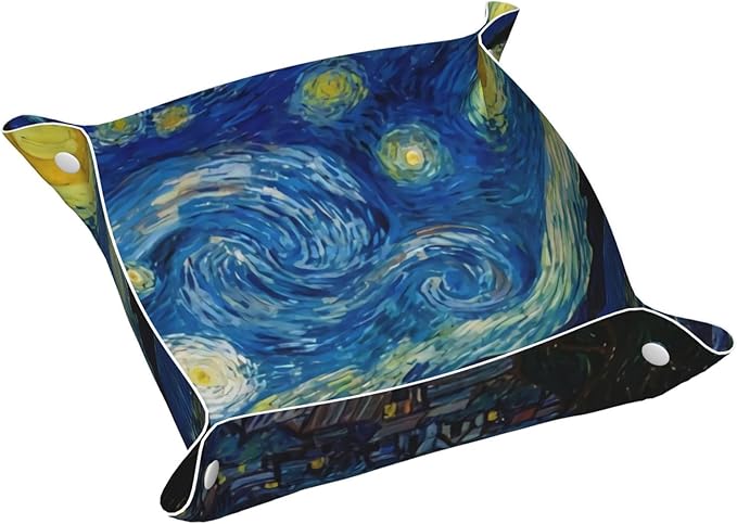 The Starry Night Van Gogh Leather Vanity Tray Desktop Storage Organizer Decor Catchall Perfume Bathroom Valet Tray Nightstand Caddy Holder for Remote Controller Keys Phone Wallet Coin Jewelry, S