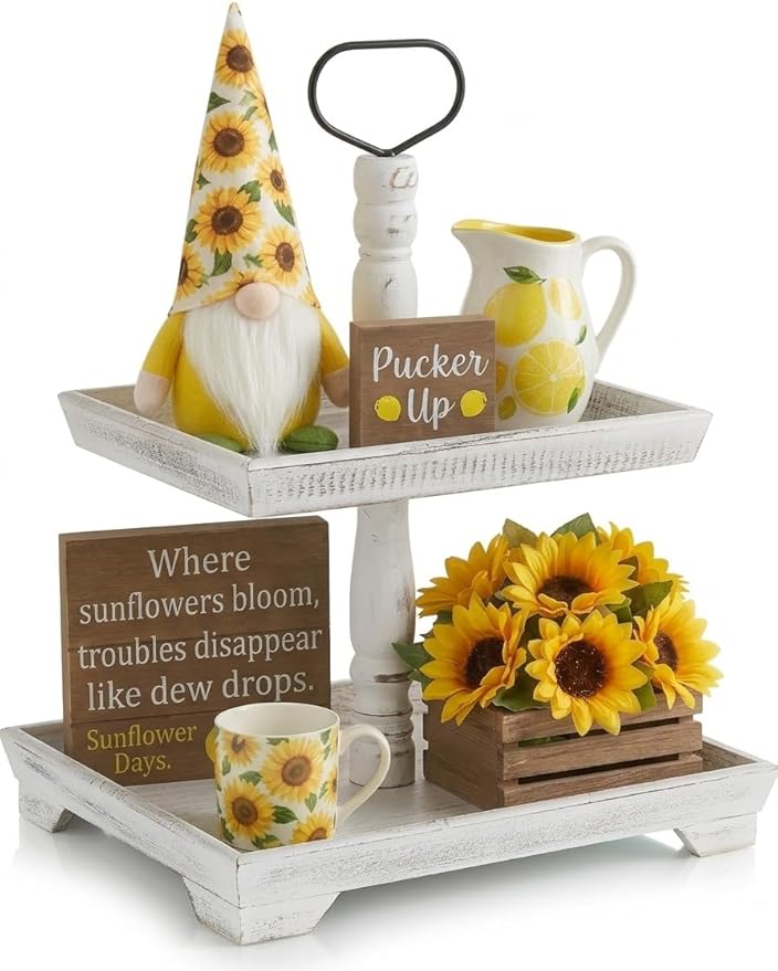 Hanobe Tiered Tray for Table Decor: 2 Tier Sunflower Decorative Tray Stand for Coffee Bar - Spring Farmhouse Rectangle Wood Display for Kitchen Counter, Rustic White