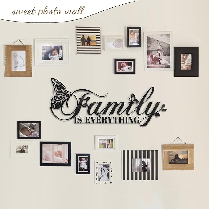 Family Signs Metal Wall Decor, Oppro Family Is Everything Word Sign with Butterfly for Home Decor, Black Art Plaque Letters for Living Room Dining Room Bedroom Housewarming Mother's Day Father's Day Christmas , 17”x6.3”