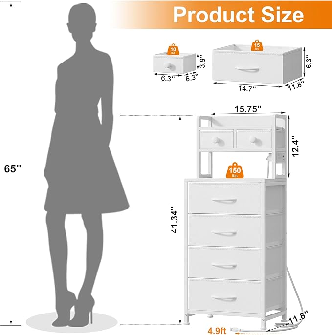 REAHOME 41 Inch Tall Nightstand with Charging Station, LED Night Stand with 6 Fabric Drawers, Bed Side Table with 3-Tier Wood Storage Shelves for Bedroom, Office, Small Spaces, White