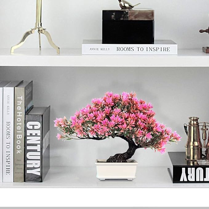 Artificial Bonsai Tree Fake Plants for Home Decor, Living Room Bathroom Bookshelf Entryway Table Wall Shelf Modern Farmhouse Decor, 9.5" Tall, Pink