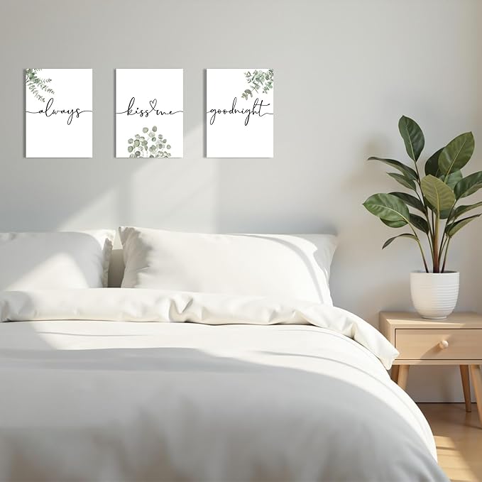 1 KINGO Always Kiss Me Goodnight Bedroom Wall Art: Set of 3 Boho Botanical Wall Decor Canvas Prints 12"x16", Sage Green Eucalyptus Pictures Decor Over The Bed for Farmhouse Master Bedroom