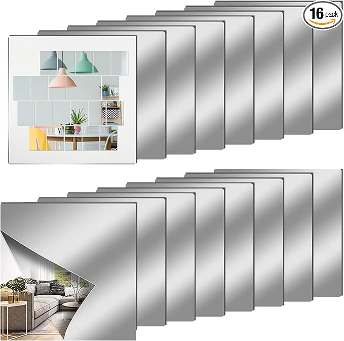 12" x 12" Acrylic Flexible Mirror Sheets, 16 Pack Self Adhesive Mirror Tiles Square Cuttable Mirror Wall Stickers, Non-Glass Plastic Mirror Stickers Safety Reflective for DIY Craft Home Wall Decor