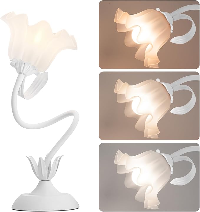 Flower Table Lamp, LED Reading Light Vintage Bedside Table Lamp with 3 Color Modes for Nightstand, Kawaii Decoration for Home Bedroom Living Room (White)