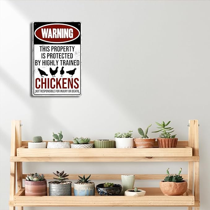Funny Chicken Coop Sign - "Warning: Property Protected by Chickens" Decorative Metal Tin Sign for Farm Garden 8 x 12 Inch