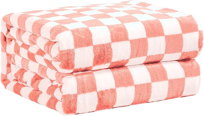 FY FIBER HOUSE Checkered Flannel Fleece Throw Blanket Soft Cozy Checkerboard Grid Print Chessboard Gingham Pattern Blankets for Bed Couch Sofa, 50"x60", Pink
