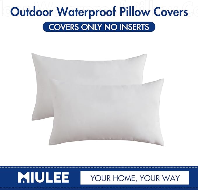 MIULEE Pack of 2 Decorative Outdoor Solid Waterproof Throw Pillow Covers Faux Linen Garden Farmhouse Cushion Cases for Patio Tent Balcony Couch Sofa 20x12 Inch White