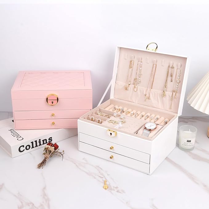 3 Layer Jewelry Box Organizer with Drawers, Lockable PU Leather Jewelry Storage Case for valentine gifts Necklace Earring Ring Bracelet Watch, White