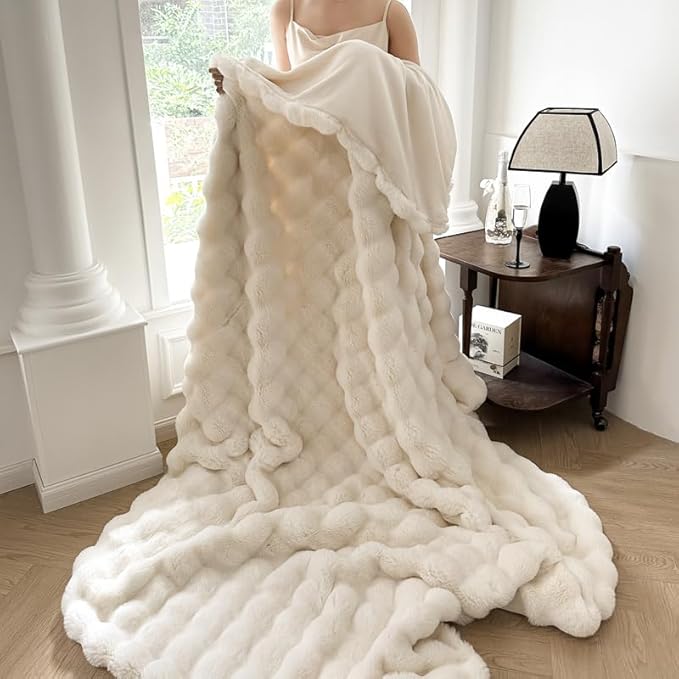 H&D Faux Fur Throw Blanket for Couch,Fluffy Cozy Soft Plush Luxury Thick Fuzzy Fleece Blanket for Couch Bed Sofa Bedroom Living Room,Comfy Bubble Blanket(Ivory, Queen (80"x90"))