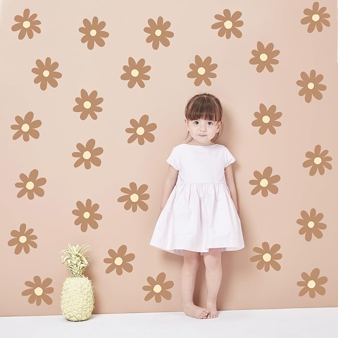 BBTO Daisy Wall Decal Flower Vinyl Wall Decals Daisy Stickers Floral Decals Peel and Stick for Nursery Art Bedroom Living Room(Simple Style,Brown)