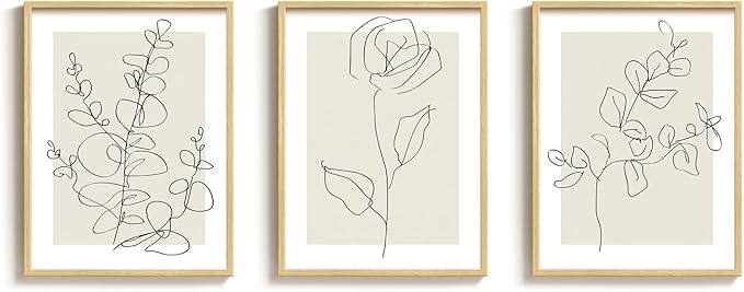 Framed Floral Art Bedroom Wall Art, 3 Piece Neutral Botanical Line Artwork for Walls, Minimalist Flower Leaf Picture Prints, Beige Botanical Painting for Living Room Kitchen Hallway Office, 12x16 Inch