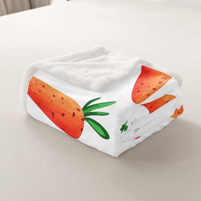 Carrot Sherpa Blanket Throw 50"x60" Vegetables Fleece Bed Blanket Funny Food Theme Plush Blanket Throw for Kids Boys Girls Cartoon Pattern Fuzzy Blanket Child Bedroom Decor Sofa Decor Green Orange
