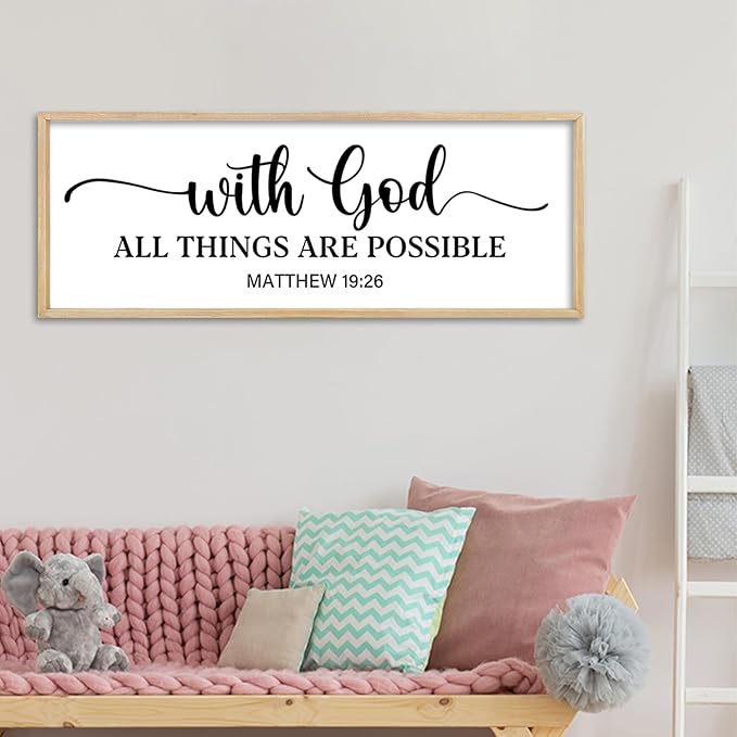comurdyo With God All Things are Possible Wall Decor 40"X15" Matthew 19:26 Sign Bible Verse Large Wooden Framed Christian Scripture Prayer Wall Hanging Art (Wood)