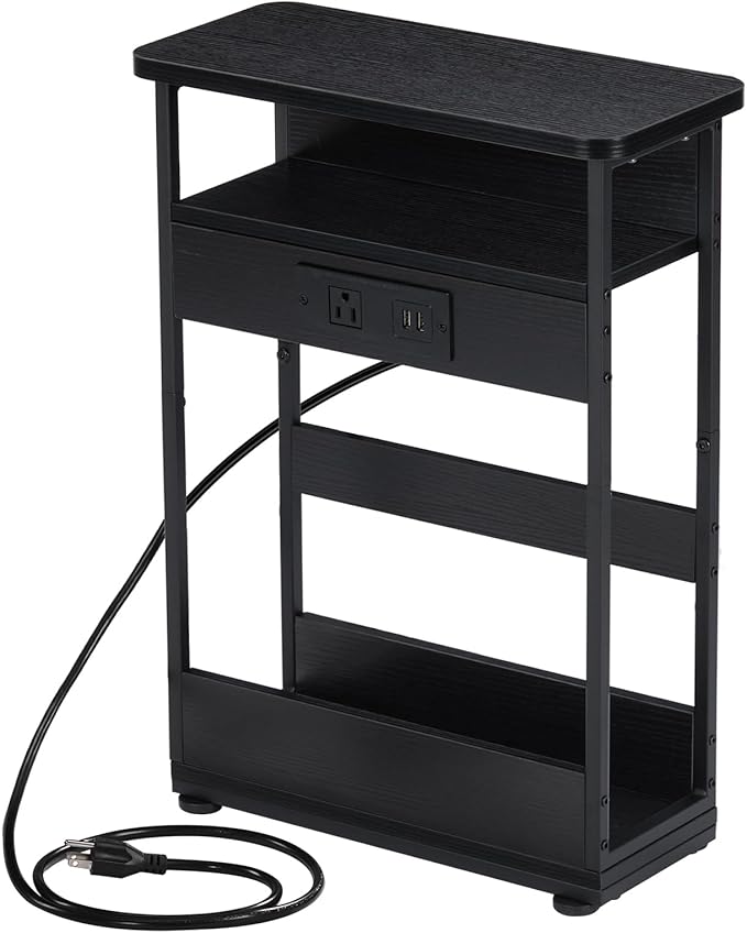 Narrow Side Table with Charging Station, 3-Tier End Table with 2 USB Ports & Power Outlets,Thin Sofa Side Table for Narrow and Small Spaces, Bedside Table Nightstand for Living Room,Black