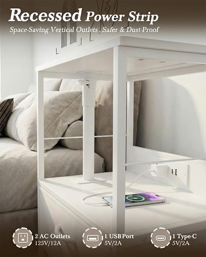 360° Swivel Nightstand with Height Adjustable, Lift Top Bedside Table with Charging Station, Rolling Night Stand with 2 Fabric Drawers, End Table with Wheels, for Bedroom, Living Room, White