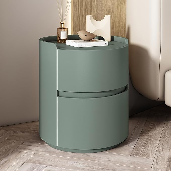 Round Nightstand,Bedside Table with 2 Solid Wood Storage Drawers,Modern Minimalist Bedroom Side Table,Leather Night Stands for Bedroom/Living Room,No Installation Required,End Table