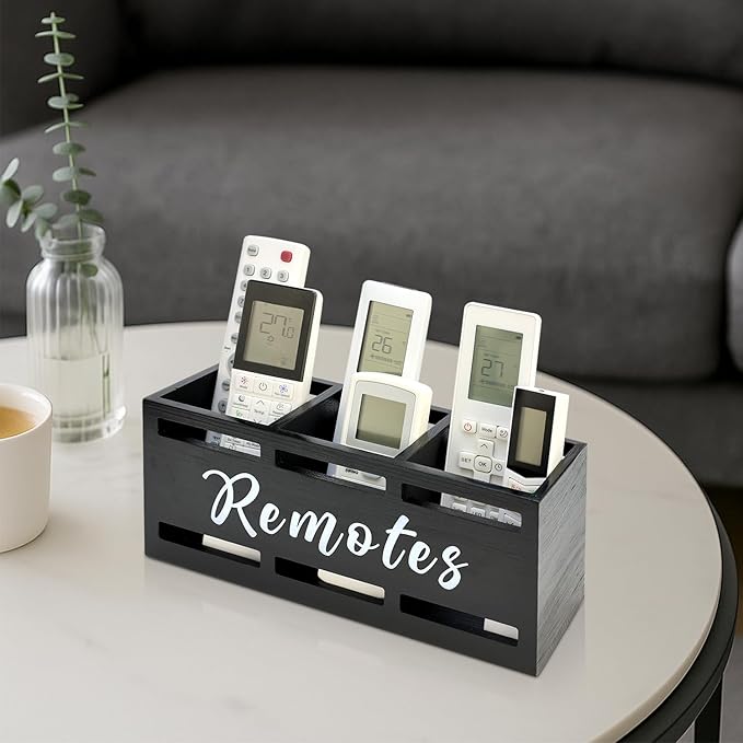 TV Remote Holder Wall Mount Remote Control Holders for Bed Wood Bedside Organizer Table Caddy Controller Holder Wall Mount Remote Controls Box Remotes Storage Black Caddies with 3 Slots