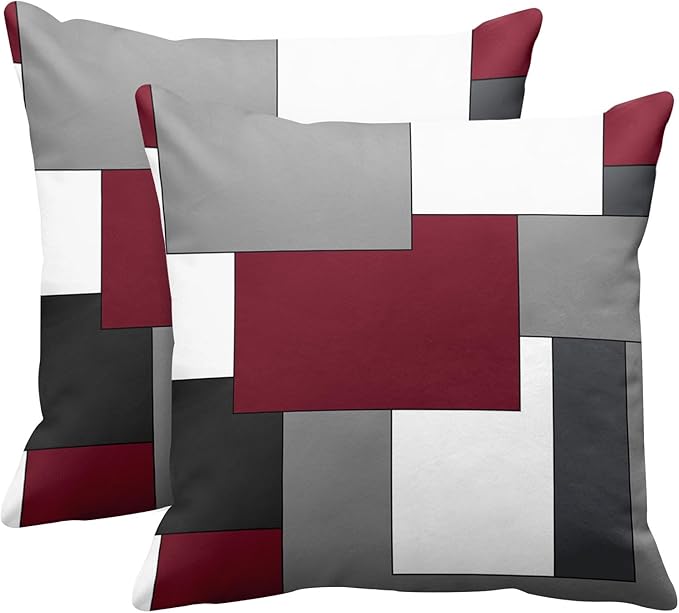 Emvency Set of 2 Burgundy Red Geometric Throw Pillow Cover Black Grey White Painting Abstract Checkered Design Decorative Pillow Case Modern Home Decor Standard Square 18x18 Inch Cushion Pillowcase