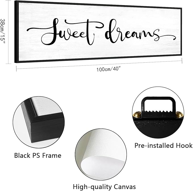 Sweet Dreams Wall Decor Above Bed: 40x15 Inch Framed Canvas Bedroom Wall Art, Farmhouse Bedroom Sign Rustic Hanging Plaque for Master/Guest Room Modern Home Decor