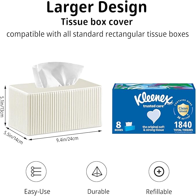 PUSU Plus Rectangular PU Leather Tissue Box Cover with Buckle Bottom - Modern Facial Tissue Dispenser Holder for Bathroom Vanity, Bedside Table, Bedroom, Office & Home Decor