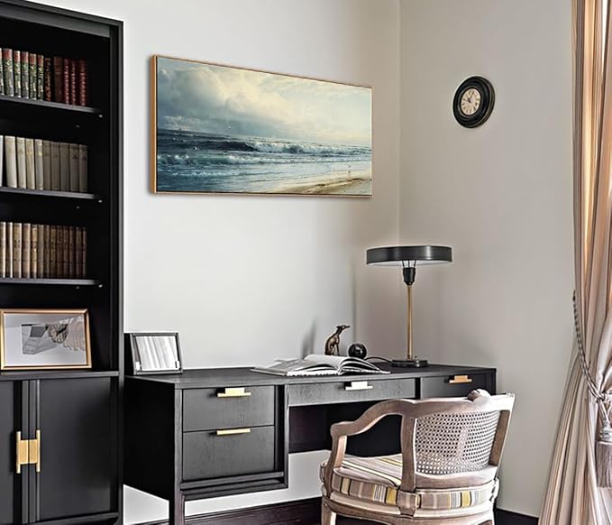 DJSYLIFE Vintage Coastal Beach Wall Art, Framed Canvas Art for Living Room Large Artwork Rockaway Beach Seascape Painting Prints Nature Ocean Waves Pictures Bedroom Above Bed Wall Decor 20"x40"