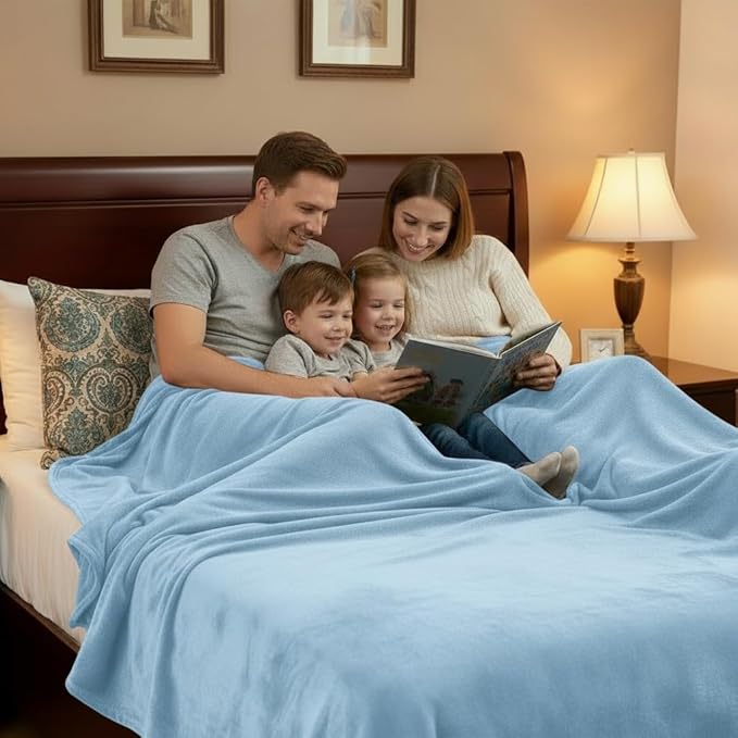 Fleece Blanket Full/Queen - 80x90 Inch Lightweight & Buttery-Soft Throw for Bed, Sofa, Camping | 300GSM Cloud-Touch Microfiber | Cozy Essentials for Travel & Movie Nights, (Light Blue)