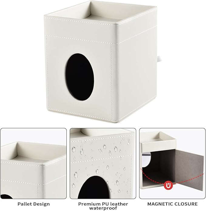 Tissue Box Cover with Storage Tray Square Tissue Box Holder PU Leather Facial Tissues Organizer Tray for Bathroom Vanity Bedroom Office Car,Stylish Napkin Caddy Decorative Organizer,Cream White