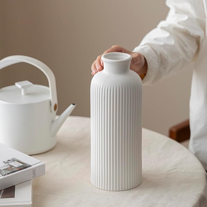 Natural White Ribbed Ceramic Vase for Flowers, Modern Textured Decorative Vase, 10 Inch Tall, 3.94 Inch Width, Farmhouse Style Home Decor (Bisque White)