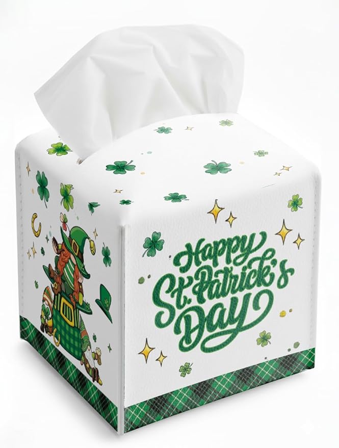 St.Patrick's Day Napkin Tissue Box Cover, Shamrocks Lucky Truck Waterproof Leather Paper Organizer Dispenser for Table Dining, Bathroom, Nightstand Vanity, Car, Housewarming Gift Ideas, H
