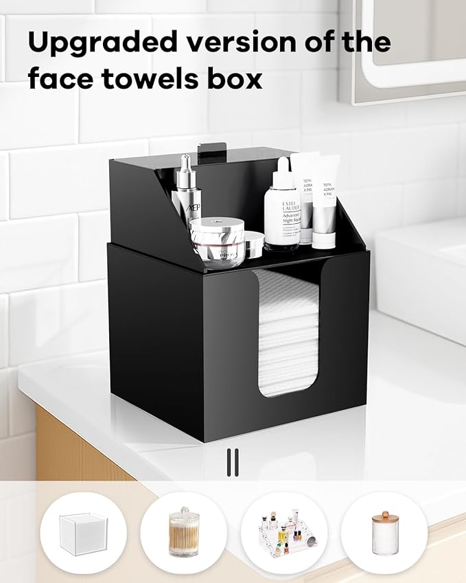Disposable Facial Towels Storage Box Compatible with Clean Skin Club Clean Towel XL - Cotton Pads - Swabs Upgraded Double Layer Acrylic Storage Container Face Towel Holder (Matte Black)