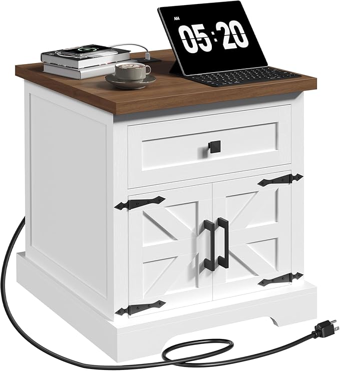 Farmhouse End Table with Charging Station, 23.6" Large End Tables Living Room, Sofa Side Table with Barn Door, Wooden Rectangular Nightstand Bedside Table with Drawer, Walnut ETBZ157E01