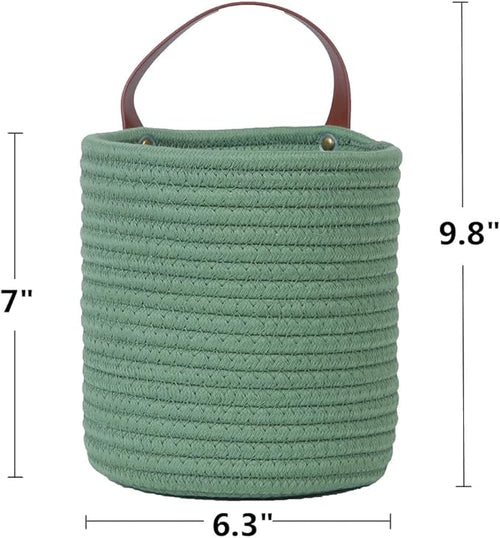 2pack Small Hanging Basket-Cotton Rope Wall Basket with Handle, Hanging Storage Baskets, Shelf Baskets Storage Bin Closet Organizer - 6.3" x 7", Woven Plant Basket (Green)