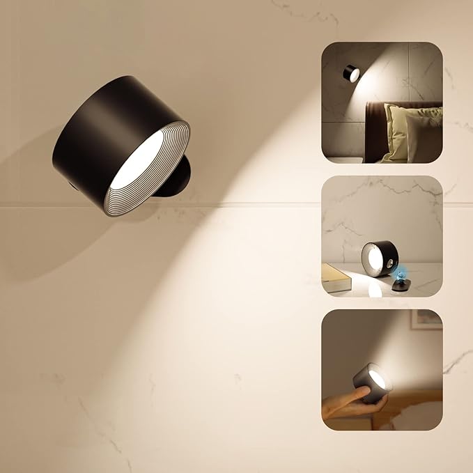 LED Wall Sconce, Wall Mounted Lamp with Rechargeable Battery Operated USB Port 3 Color Temperature & 3 Brightness Level 360°Rotate Magnetic Ball, Cordless Light for Reading Study Bedside
