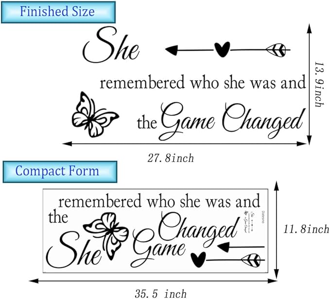 Girls Inspirational Wall Sticker Decal Wall Art Quote She Remembered Who She Was And the Game Changed Positive Motivational Butterfly Decor Wall Stickers for Women Girls Bedroom Living Room Beauty