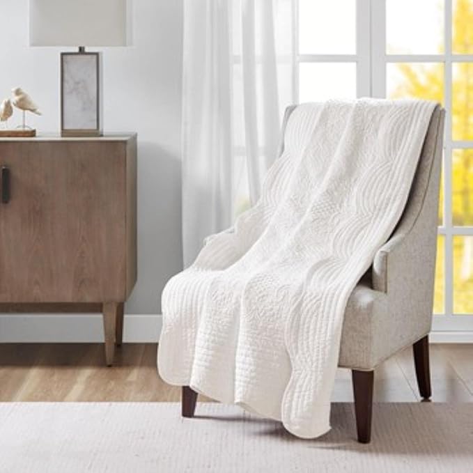 Madison Park Luxe Quilted Throw Blanket - Damask Stitching Design, Cotton Filled Spread, Ultra Soft, Cozy Bedding for Living Room Couch, Sofa, Bed, 60x72", Scalloped Borders White