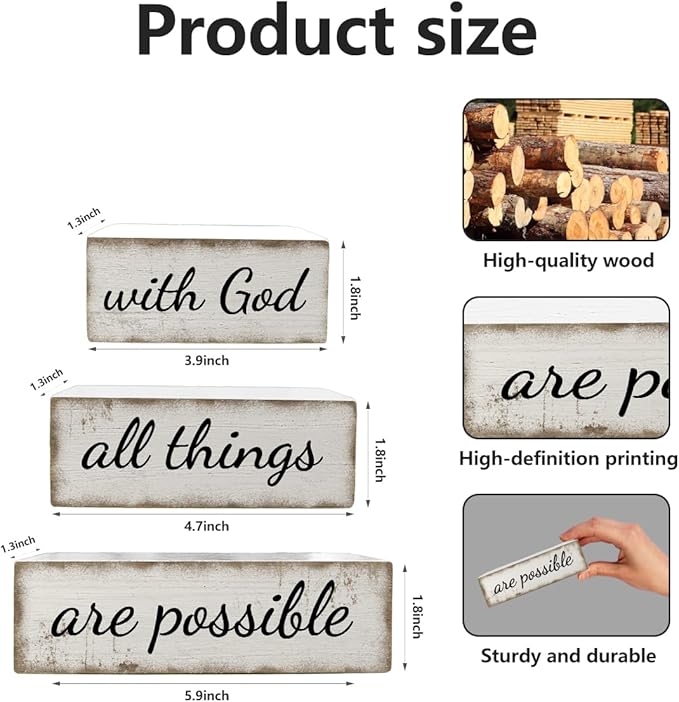 3 Pcs Farmhouse Christian Table Decoration Religious Tiered Tray Decor Rustic Bible Verse Tabletop Centerpiece with God All Things Are Possible Wooden Block Sign for Home Desk Shelf Mantle