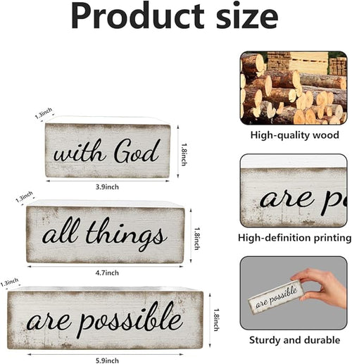 3 Pcs Farmhouse Christian Table Decoration Religious Tiered Tray Decor Rustic Bible Verse Tabletop Centerpiece with God All Things Are Possible Wooden Block Sign for Home Desk Shelf Mantle