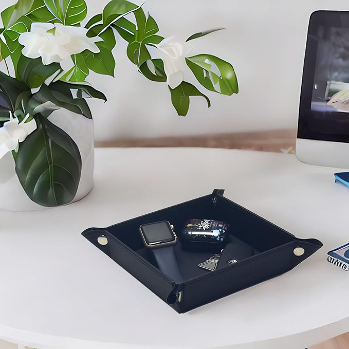UnionBasic Small Valet Tray, Jewelry Tray for Rings Watches Earrings, Entryway Catchall Caddy for Coins Keys Change, Nightstand Bedside Valet Holder, Trays for Electronic Gadgets, Black